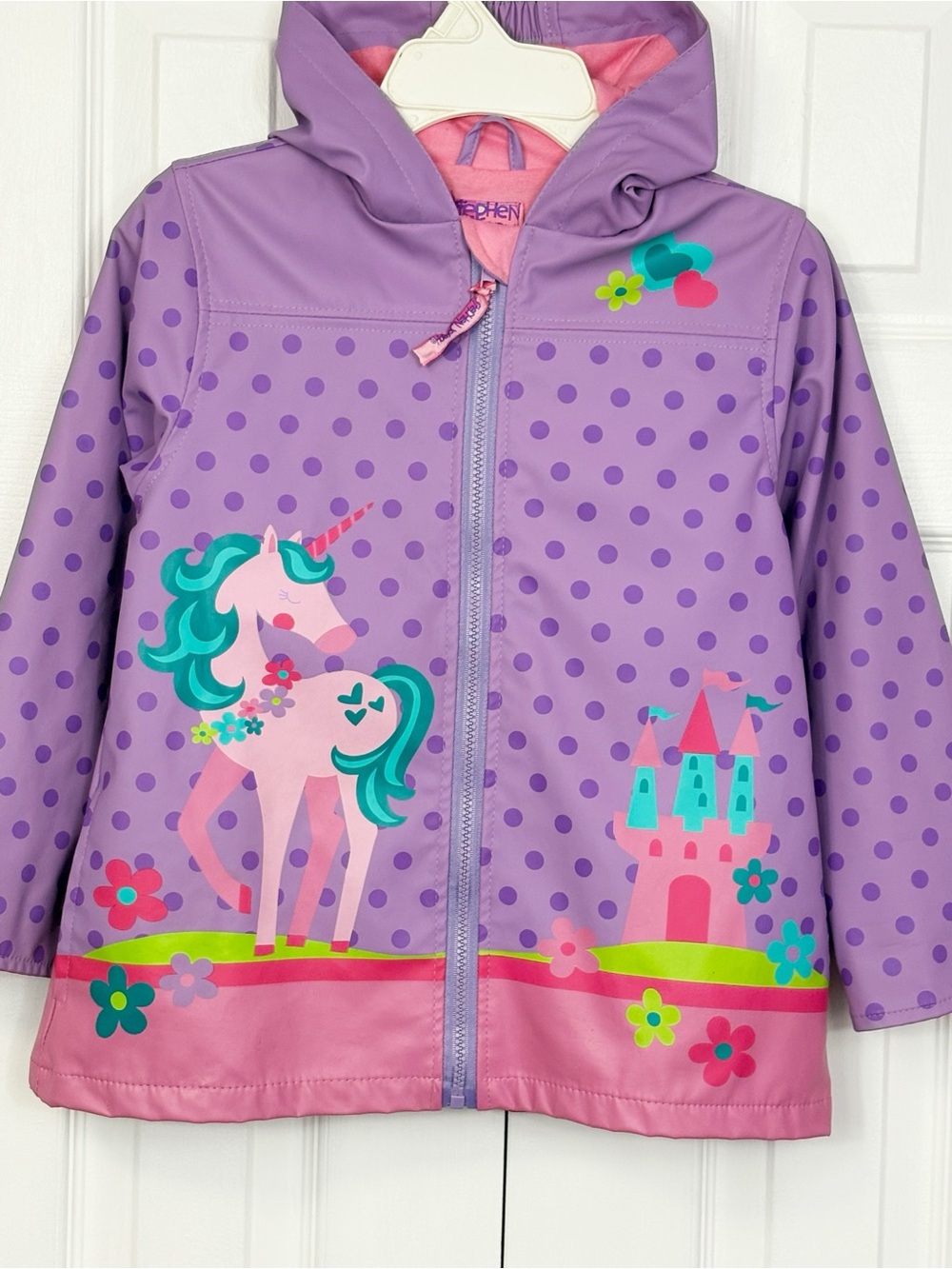 Stephen Joseph Purple & Pink Unicorn Castle Polka Dot Hooded Raincoat 5/6